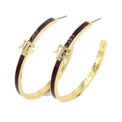 Brianna Cannon hoop earrings featuring gold-tone hoops with maroon enamel accents and dangling Texas A&M logo charms for a stylish game day accessory.