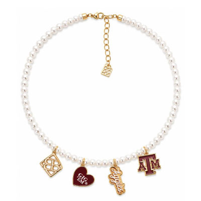 Brianna Cannon pearl bead necklace featuring gold-tone Texas A&M, Aggie script, Gig 'Em heart, and BC monogram charms with an adjustable chain closure.