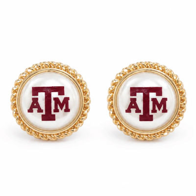 Brianna Cannon stud earrings featuring maroon Texas A&M logos on pearl-inspired round centers, surrounded by decorative gold-tone rope borders for an elevated Aggie game day look.
