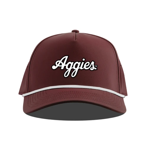Branded Bills maroon Texas A&M cap featuring bold white script Aggies lettering outlined in black, a structured crown, curved bill, and contrasting white rope detail across the front.