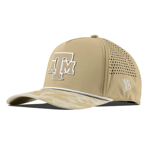 Branded Bills tan Texas A&M cap featuring a raised A&M front logo, perforated side panels, tonal camouflage curved bill, white rope detail, and embroidered Branded Bills logo on the side.