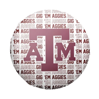 Tailgated Co. round Texas A&M game day button featuring a large maroon A&M logo centered over a repeating maroon and gray Gig ’Em Aggies text pattern.