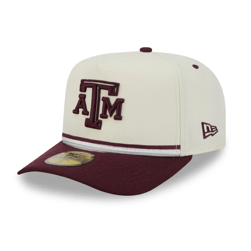 New Era Texas A&M cap featuring a cream crown, maroon bill, embroidered A&M logo, maroon and cream rope detail, New Era side logo, and Aggies embroidery on the back.