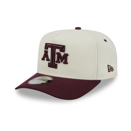 Cream and maroon New Era Texas A&M snapback cap featuring a raised maroon A&M logo on the front, maroon bill, embroidered Texas A&M lettering on the back, and adjustable closure.