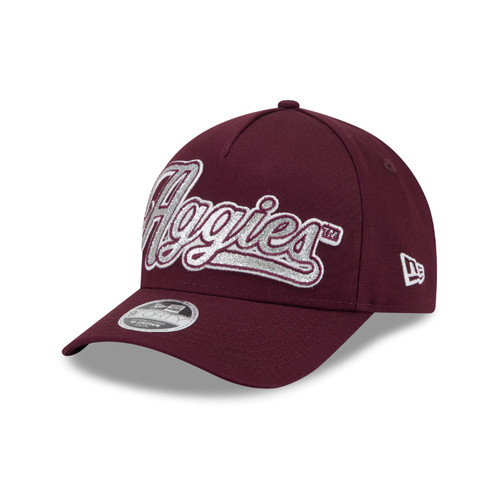 Maroon New Era youth Texas A&M cap featuring oversized white and gray embroidered Aggies script, an embroidered A&M side logo, curved bill, New Era branding, and adjustable snapback closure.