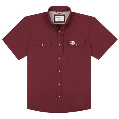 Poncho maroon Texas A&M short sleeve button-down shirt featuring dual chest pockets, an embroidered A&M logo, button closures, collared design, and a built-in white lens cloth for sunglasses.