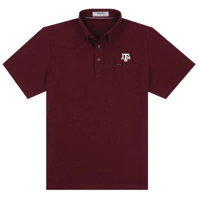 Poncho maroon Texas A&M polo featuring short sleeves, a button-down collar, three-button placket, chest pocket, and embroidered A&M logo for a clean, versatile Aggie look.