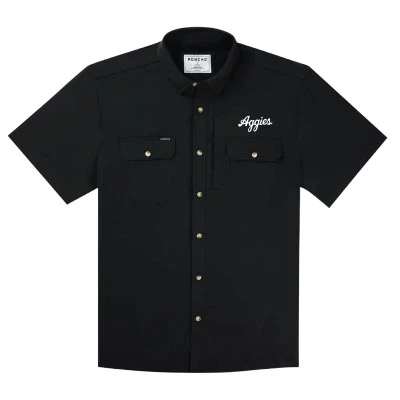 Poncho black Texas A&M short sleeve button-down shirt featuring dual flap chest pockets, gold-tone buttons, a structured collar, and white embroidered Aggies script across the chest.