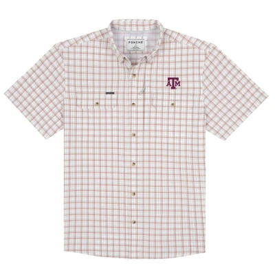 Poncho Texas A&M short sleeve button-down shirt featuring a light maroon and tan plaid pattern, button-down collar, dual chest pockets, front buttons, and embroidered A&M logo on the chest.
