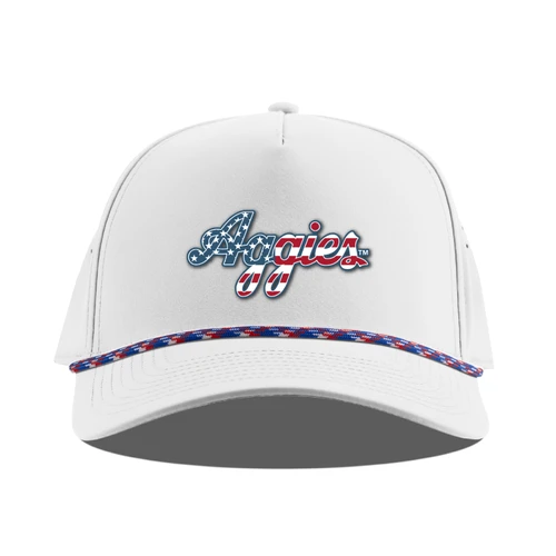 Branded Bills white Texas A&M cap featuring patriotic script Aggies lettering with red, white, and blue stars and stripes, a structured crown, curved bill, and coordinating multicolor rope detail.