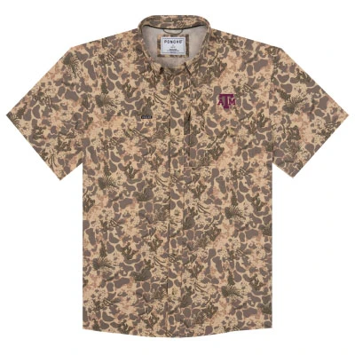 Poncho Texas A&M short sleeve button-down shirt featuring an allover tan and brown foliage camouflage pattern, button-down collar, chest pockets, front button closure, and embroidered maroon A&M logo.