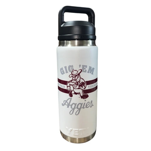White YETI 20 oz Texas A&M bottle featuring a vintage Gig ’Em Aggies Ol’ Sarge graphic, Texas-shaped A&M logo, black handled lid, and stainless steel accents.