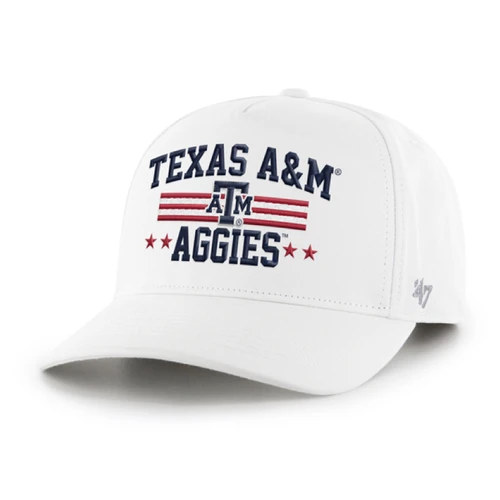 ’47 Brand white Texas A&M adjustable cap featuring navy Texas A&M Aggies embroidery, a centered A&M logo, red and white stripes, red stars, curved bill, and white snapback closure.