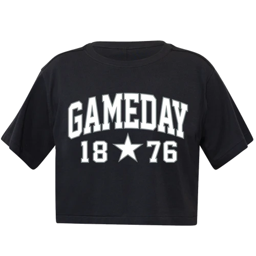 Black lululemon Texas A&M cropped short-sleeve tee featuring bold white GAMEDAY lettering with 18 and 76 separated by a star, creating a sporty Aggie-inspired design celebrating the university’s 1876 founding year.