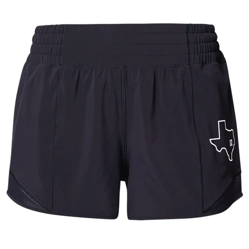 Black lululemon 4-inch Hotty Hot athletic shorts featuring a wide waistband, curved side hems, and a white outline of Texas with the number 12 printed near the lower right leg.