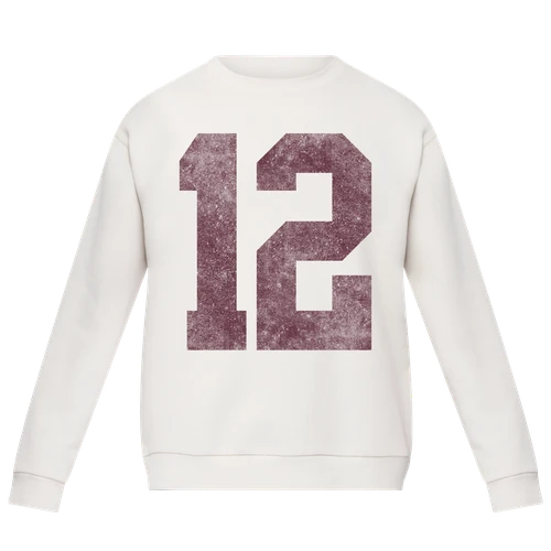 Cream lululemon Steady State crewneck sweatshirt featuring a large distressed maroon number 12 graphic across the front, with long sleeves and ribbed detailing at the neckline, cuffs, and hem.