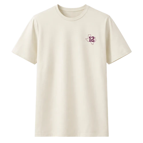 Cream lululemon Texas A&M short-sleeve tee featuring a small maroon outline of the state of Texas with the number 12 centered inside on the left chest and a crew neckline.