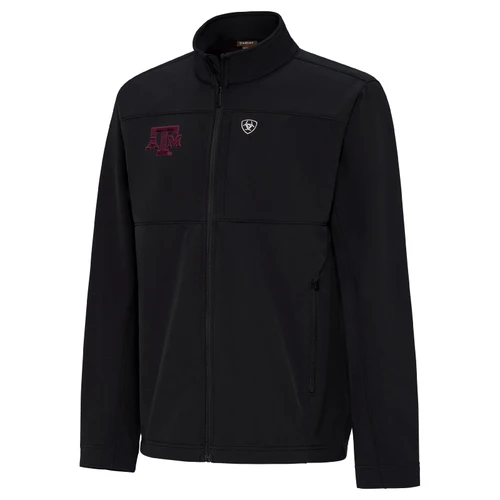 Black Ariat Vernon Softshell Jacket featuring a maroon embroidered Texas A&M logo, white Ariat shield emblem, full-length front zipper, stand-up collar, long sleeves, zippered hand pockets, and subtle seam detailing.