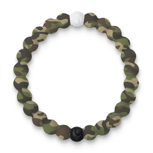 Lokai Military Appreciation Bracelet featuring a green, brown, tan, and black camouflage pattern around the beaded band with signature contrasting black and white Lokai beads.