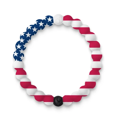 Lokai American Flag Bracelet featuring blue beads with white stars, red and white striped beads, and signature contrasting black and white Lokai beads in a patriotic design.