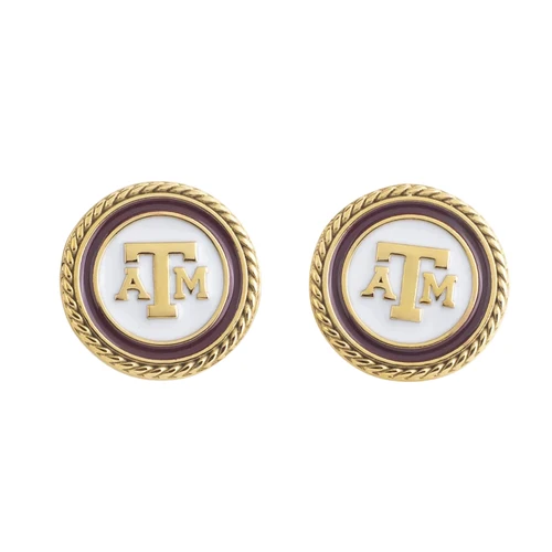 A Wink of Yellow Texas A&M round stud earrings featuring gold A&M logos on white centers, maroon circular accents, and textured gold rope-style borders around the edges.