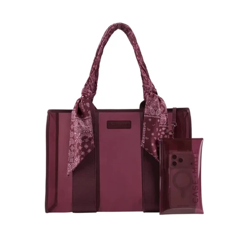 Translucent maroon Case-Mate jelly tote bag featuring a structured rectangular shape, maroon trim, paisley-print scarf-wrapped handles, and a matching detachable pouch for carrying smaller essentials.