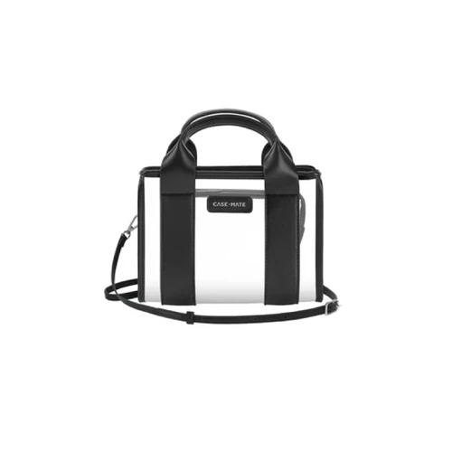 Case-Mate black and clear mini stadium tote featuring transparent panels, black trim, two structured top handles, a detachable adjustable crossbody strap, and a rectangular silhouette with a Case-Mate logo on the front.