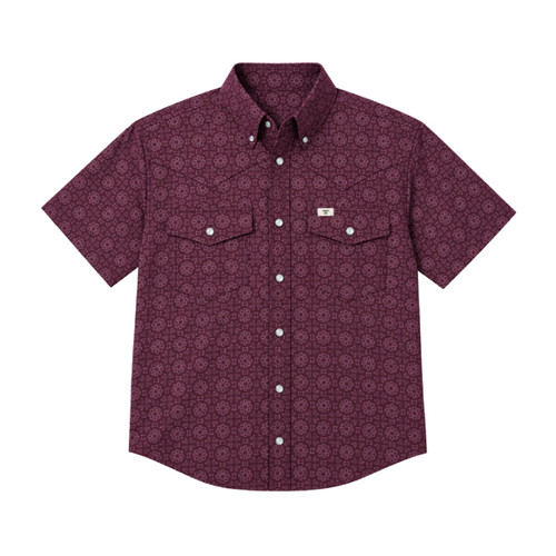 Ferrell Brand youth maroon western short sleeve button-down shirt featuring an allover floral and paisley bandana pattern, pearl snap buttons, dual flap chest pockets, pointed collar, and subtle Ferrell Brand detailing.
