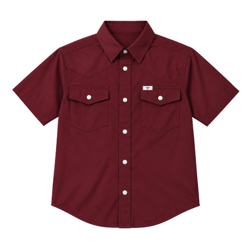 Ferrell Brand youth solid maroon western short sleeve button-down shirt featuring pearl snap buttons, two pointed flap chest pockets, a traditional collar, western yoke stitching, and a small Ferrell Brand logo tag.