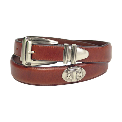 Zep-Pro Texas A&M Aggies brown leather belt featuring an oval metal Texas A&M University seal and a classic silver toned buckle design