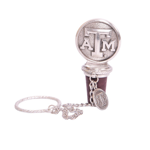 Heritage Pewter Texas A&M Aggies wine bottle stopper featuring a raised pewter ATM logo with a decorative chain and matching medallion detail. Texas A&M wine stopper.