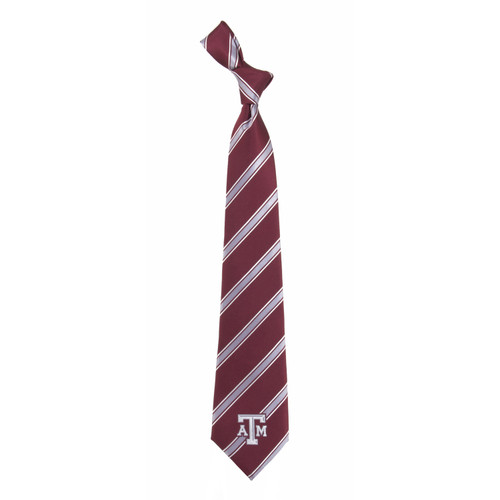 Eagles Wings Texas A&M Aggies maroon necktie featuring diagonal white stripe detailing and an embroidered ATM logo near the tip. Texas A&M tie. Aggies maroon tie. A&M alumni gift. Texas A&M graduation gift. Aggie mens accessory. Eagles Wings.