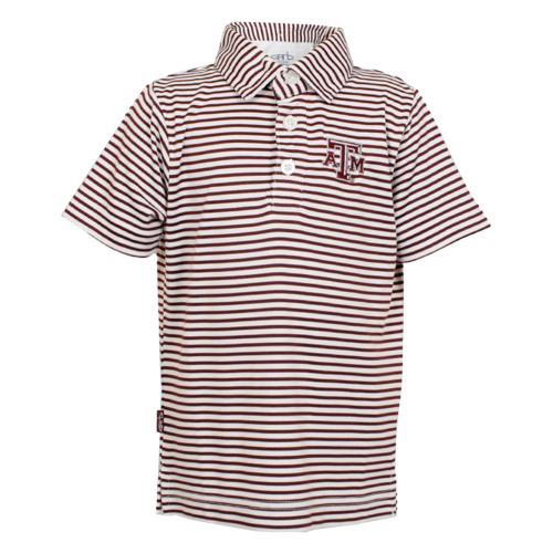 Garb Texas A&M Aggies toddler maroon and white striped polo shirt featuring a collared neckline and embroidered ATM logo on the chest. Texas A&M Aggies toddler polo. Aggies toddler game day shirt. Aggies toddler clothing. Texas A&M toddler shirt. Garb. Garb Texas A&M polo.