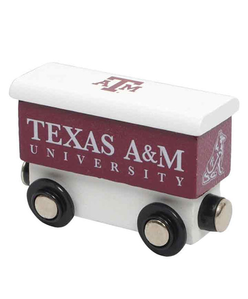 Texas A&M University decorative wooden wagon in maroon and white with rolling wheels and Texas A&M lettering.