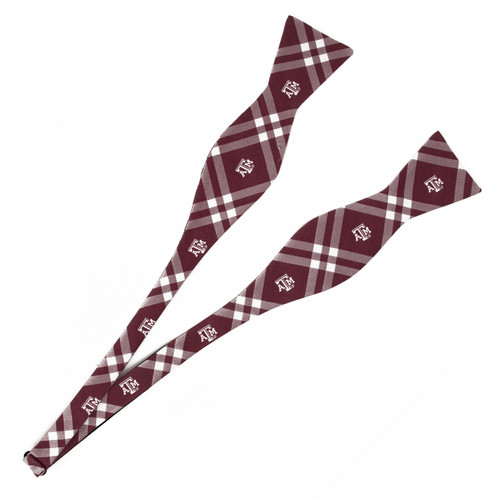Texas A&M Aggies maroon self tie bow tie featuring a gingham style pattern with repeating ATM logos and adjustable untied design. Texas A&M Aggies bow tie. Texas A&M formal accessory. Texas A&M mens accessory. Aggies professional wear.