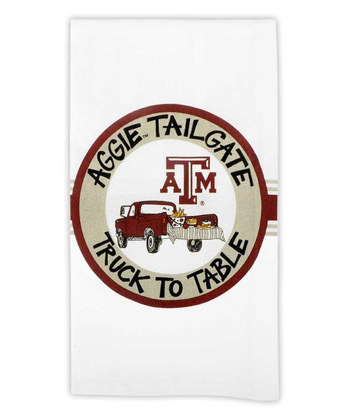 Magnolia Lane Texas A&M Aggies kitchen towel featuring Aggie Tailgate Truck to Table design with vintage truck and ATM logo.