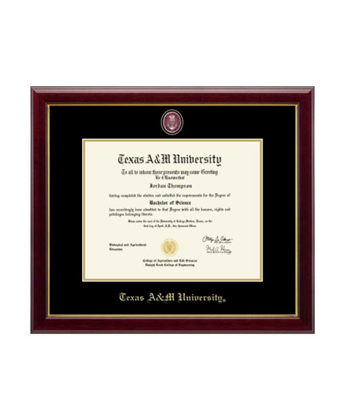 Church Hill Classics Texas A&M University diploma frame featuring maroon wood frame, black matting with gold inner trim, and official Texas A&M seal.