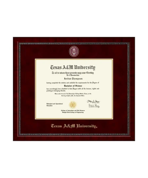 Church Hill Classics Texas A&M University diploma frame featuring dark cherry wood frame, black matting, gold inner accent, and official Texas A&M seal.