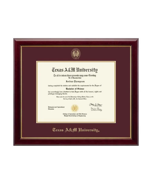 Church Hill Classics Texas A&M University diploma frame featuring deep maroon wood frame, maroon matting, gold inner trim, and official Texas A&M seal.