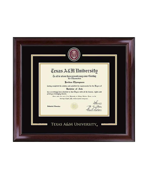 Church Hill Classics Texas A&M University diploma frame featuring dark cherry wood frame, black and cream double matting, gold inner trim, and official Texas A&M seal.