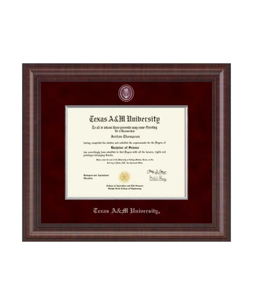 Church Hill Classics Texas A&M University diploma frame featuring dark cherry wood frame, deep maroon matting, silver inner accent, and official Texas A&M seal.