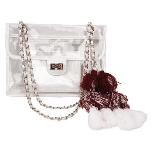 Clear Texas A&M Aggies crossbody purse featuring chain strap, maroon and white pom tassel charm, and ATM logo detail.