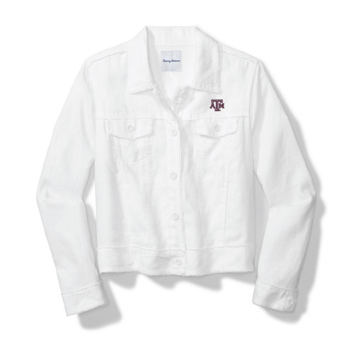 White Tommy Bahama Texas A&M women’s cropped jacket featuring a classic button front design with chest pockets and an embroidered Texas A&M logo, offering a clean and versatile Aggies inspired look. Tommy Bahama Texas A&M jacket, Tommy Bahama Aggies jacket, Texas A&M women’s jacket, Aggies cropped jacket, Texas A&M white jacket, Tommy Bahama women’s apparel, Texas A&M logo jacket, Aggies women’s outerwear, Texas A&M fan jacket, Tommy Bahama college apparel.