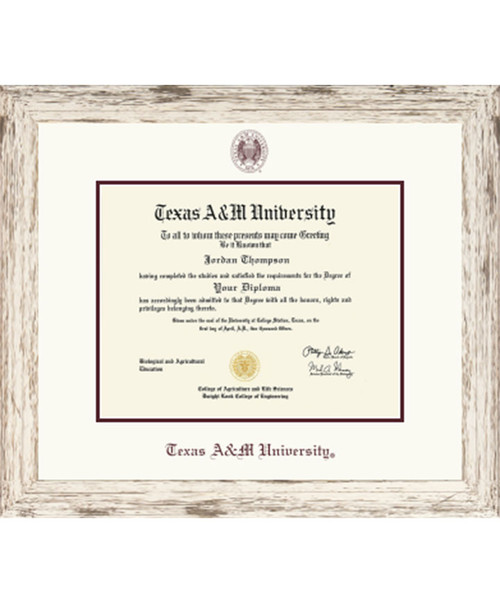 Church Hill Classics Texas A&M University diploma frame featuring a rustic white wood frame, white mat with maroon accent border, official university seal at the top, and Texas A&M University engraved along the bottom. Texas A&M diploma frame, Texas A&M University frame, Aggies graduation frame, rustic white diploma frame, Texas A&M certificate frame, maroon accent mat frame, Aggie alumni gift, Texas A&M office decor, college diploma display, Texas A&M graduation gift, framed university diploma. Church Hill Classics