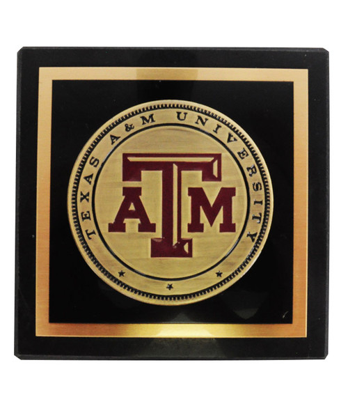 Church Hill Classics Masterpiece brass medallion paperweight featuring the Texas A&M logo in a black and gold square design.
