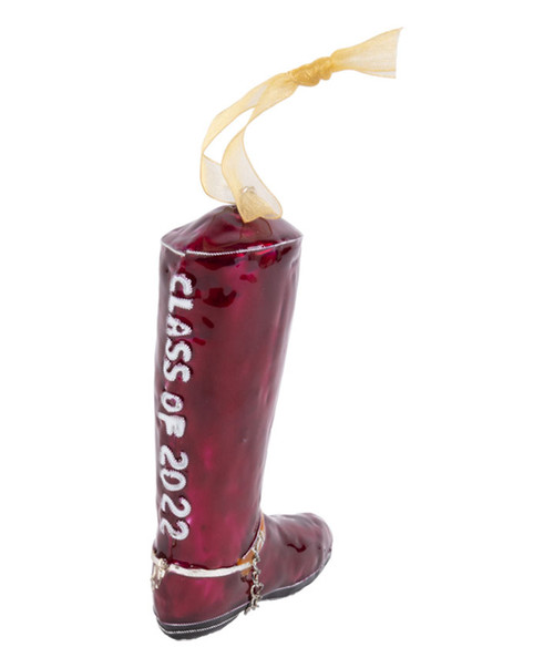 Kitty Keller Texas A&M Class of 2022 glass boot ornament in maroon with white lettering and decorative ribbon hanger.