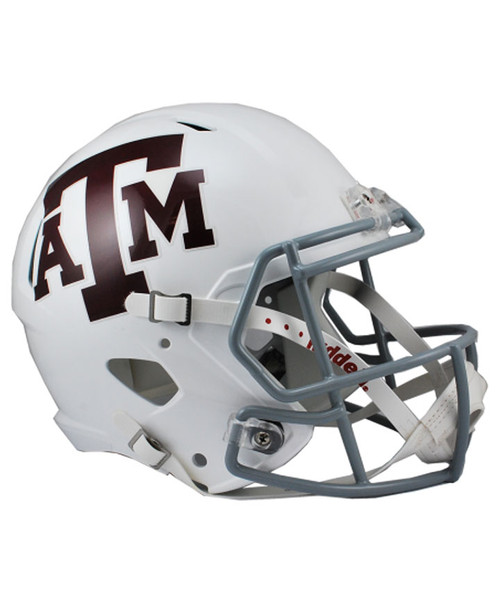 Texas A&M white football helmet with large maroon ATM logo and gray facemask.