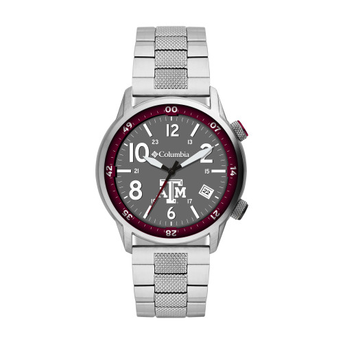 Men’s Columbia Texas A&M Aggies wristwatch featuring a maroon face with the Texas A&M logo, bold white numerals, and a stainless steel band for a rugged yet polished look.
