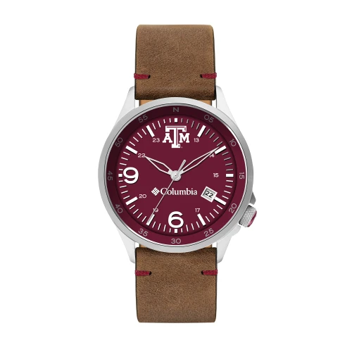 Columbia Texas A&M Aggies men’s watch with a maroon dial featuring the Texas A&M logo, silver-tone case, white numerals, and a brown leather strap for a classic outdoor-inspired style.