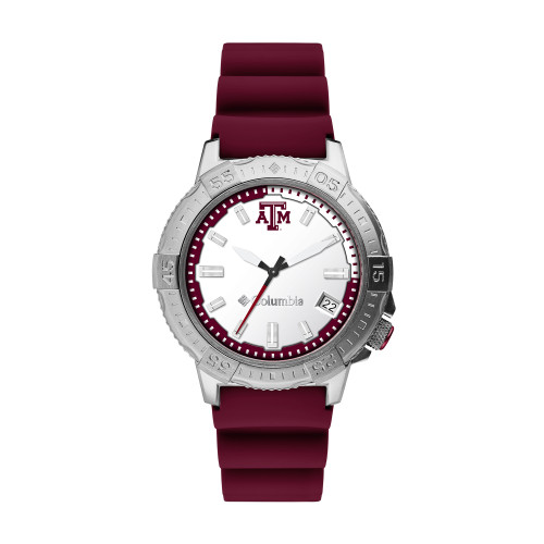 Men’s Texas A&M Aggies wristwatch with maroon rubber strap, silver-tone case, textured bezel, and white face displaying the Texas A&M logo and date window.